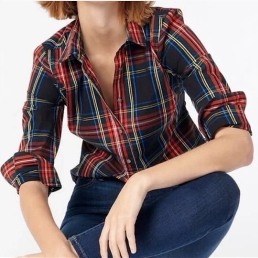 J. Crew Perfect Shirt Tartan Plaid Button Front Blouse Holiday Women’s 14 Tall